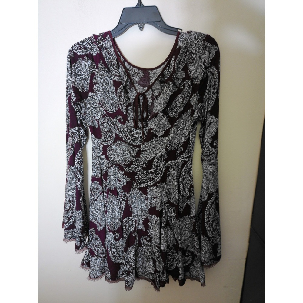 Ecote Paisley Mini Dress Women Size 4 Burgundy Boho Bell Sleeve Open Back, Bell